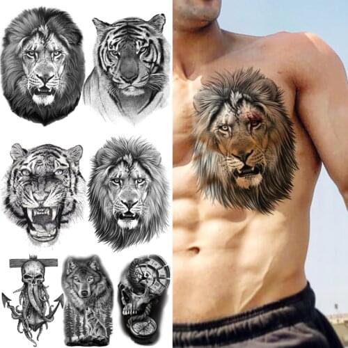 Black Lion Temporary Tattoos For Men Boys Realistic Tiger Wolf Skull Compass Octopus Fake Tattoo Sticker Chest Arm Tatoos 3D
