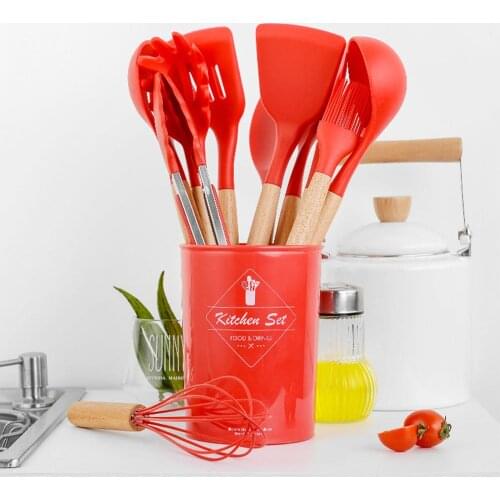 Wood Silicone Cooking Cake Utensils Natural Wood Handle Cooking Tools Turner Tongs Spoon Spatula Bakeware Kitchen Tools