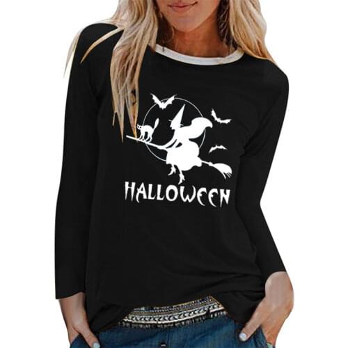Halloween Witch Cat Bat Print Long Sleeve T-shirts Women Autumn Winter Graphic Tees Streetwear White Crew Neck Aesthetic Clothes