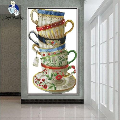 JOY SUNDAY,Needlework,DIY DMC Cross stitch,Sets For Embroidery kit Exquisite coffee cups home decoration Counted Cross stitching