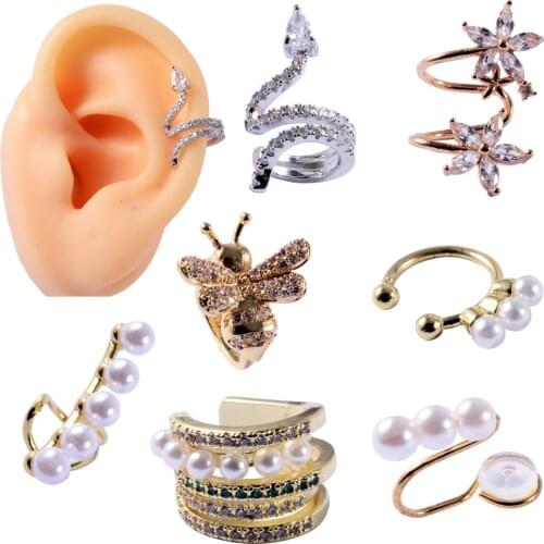 1pc Cz Ear Clip Ear Helix Cartilage Conch Fake Earrings Adjustable Snake Ear Cuff Non Pierced Pearl Fake Cartilage Earring