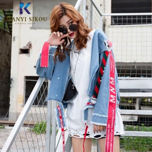 Spring Autumn Womens Denim Jacket Embroidery Long sleeve Jeans Jacket Women Fashion Ribbons Loose Short Jeans Coat Streetwear
