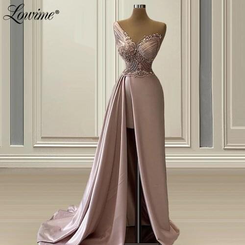Lowime Arabic Pink Party Dress Crystals Beading Formal Evening Wear 2021 Elegant Dubai Long Prom Dresses Evening Gowns Robes
