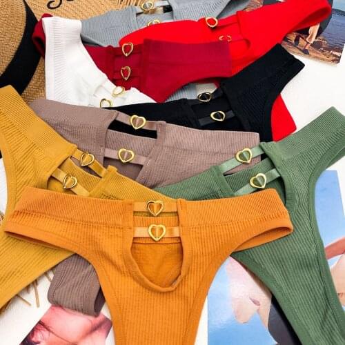 New EuropeanStyle Thong Sexy Solid Color Panties Fashion Metal Hollow Out G-String Mid Waist Seamless Underpants Female Lingerie