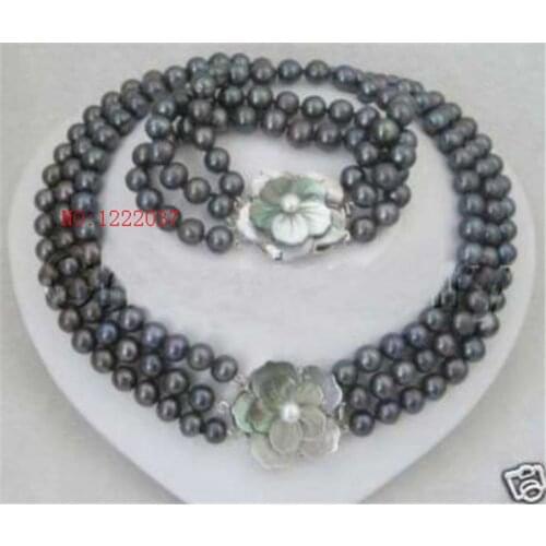 NEW Noblest Natural freshwater pearls 3 rows 7-8MM black pearl necklace 18inches bracelet 8inches set