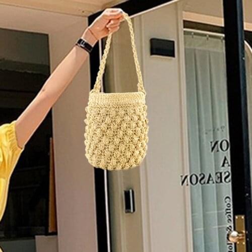 Casual Woven Top-handle Handbag Ladies Drawstring Shoulder Bag Female Mini Bucket Bag Beach Messenger Outdoor Accessories