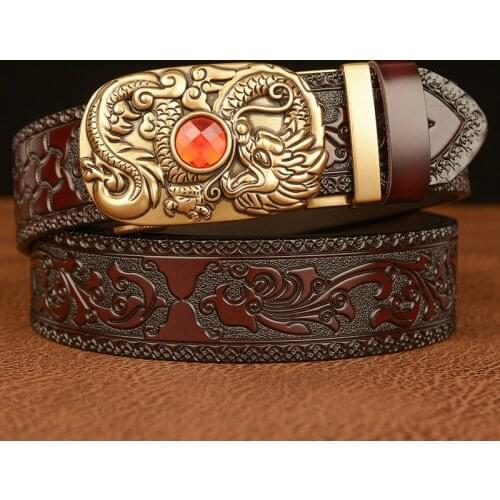 New Gemstone Designer Automatic Bcukle Pattern Cowskin Belt for Men Fashion Style Genuine Leather Male Belt Business Waistband