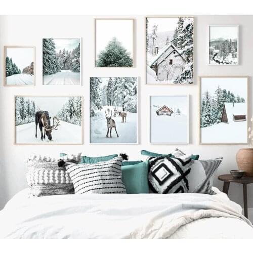 Room Decor Christmas Wall Art Canvas Painting Winter Landscape Pine Forest Snow Elk Nordic Prints Pictures For Posters Aesthetic