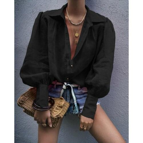 Free Shipping Loose Solid Color long Lantern Sleeve Turn-down Collar Button Casual Shirt Office lady Shirt Spring Autumn Clothes