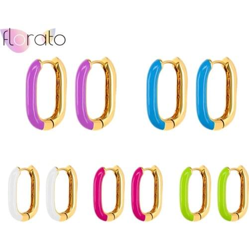 925 Sterling Silver Ear Buckle Geometric Oval Hoop Earrings For Women Simple Candy Color Enamel Earrings Fashion Jewelry Gift
