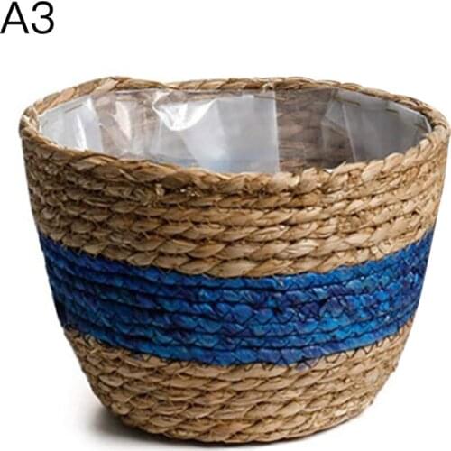 Straw Woven Basket Plant Pots Containers Seaweed Round Interior Plastic Coatin Home Furnishing Plants Natural Blue Multifunction