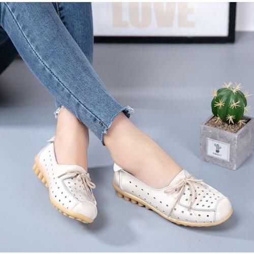 Breathable Genuine Leather Summer Shoes Woman 2021 Flat Low Heel Bowknot Hollow Out Leather Slip On Shoes For Women Soft