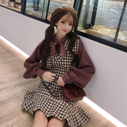 College Style Retro Lantern Sleeve Shirt Plaid Vest Dress Two Piece Suit fairy dress tea party lolita dress sweet lolita doll
