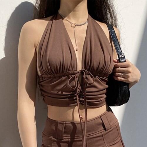 Y2k V-neck Sexy Corset Women Tie Up Ruched 2021 Fashion Backless Halter Crop Top Sleeveless Tank Top 90s Summer Beach Streetwear