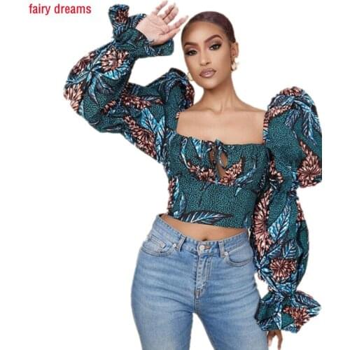 African Digital Print Leaf Summer Ruffled Lantern Long Sleeve Top da donna Sexy Short T-Shirt Womens Clothing Hauts Pour Dames