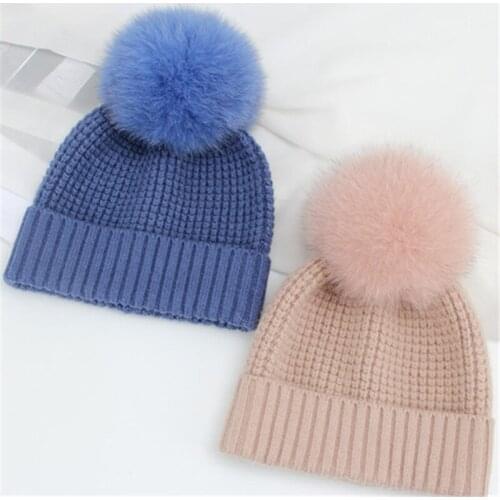 Women winter hat wool knitted beanies cap real natural fox fur pompom hats solid colors gorros cap female causal hat