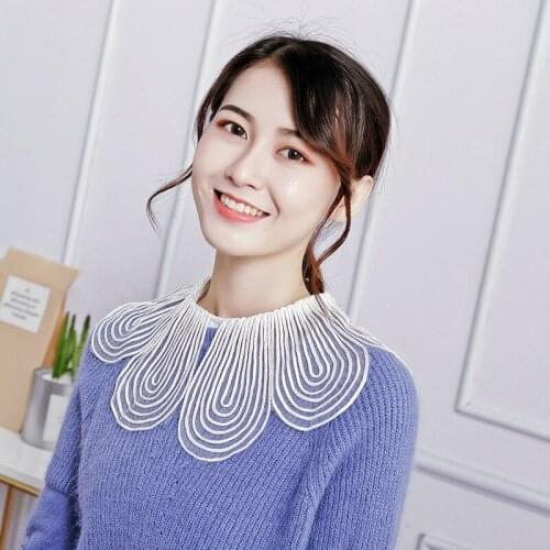 Women Sweater Shirt Pearl Bead Chiffon Cotton Ruffles Fake Collar New Embroidery Lace Flower False Detachable Collar Blouse Tops