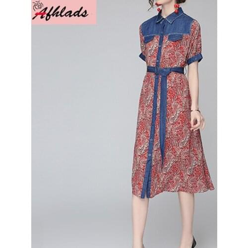 Summer New Short Sleeved Denim Stitching Printing Loose High Waist Casual Streetwear Single-Breasted Turn-Down Collar Dress