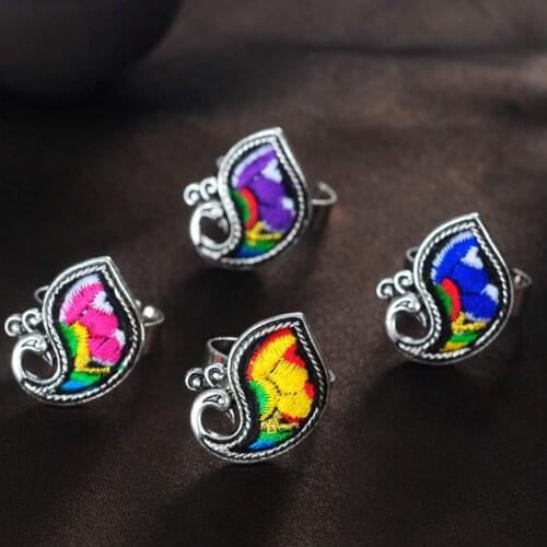 100% handmade more style Embroidery rings Miao silver plated ethnic cotton jewelry creative personality colorful ring