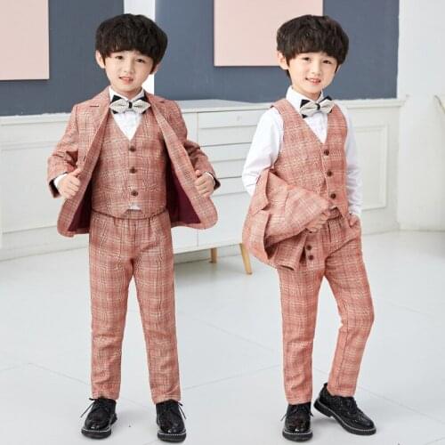 Childrens Plaid Forma 3pcs Suit Set Flower Boys Autumn Winter Wedding Party Performance Costume Kids Blazer Vest Pants Costume