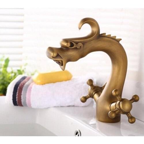 Antique Dragon Bathroom Basin Faucet brass bathroom faucets single handle Hot and Cold Water Tap Deck Mounted Mixer Tap