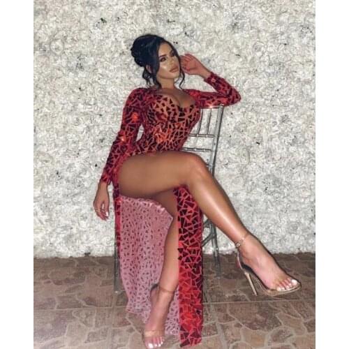 Sparkly Red Mirrors Mesh Transparent Long Dress Birthday Celebrate Outfit Prom Evening Event Party Dress Bar Women Stage Dress