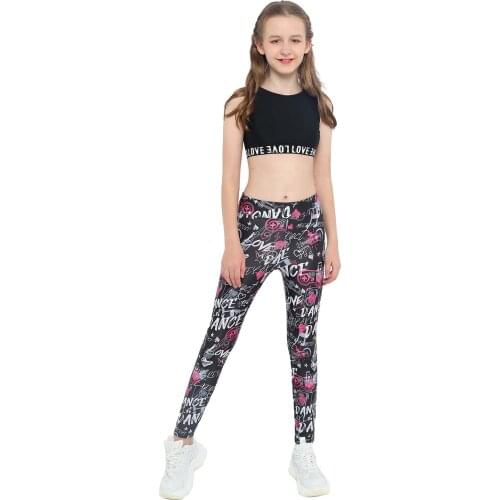 Kids Girls Dance Costume Sleeveless Letters Print Hem Tank Top and Pants Trousers Set Workout Gymnastics Outfits for Summer