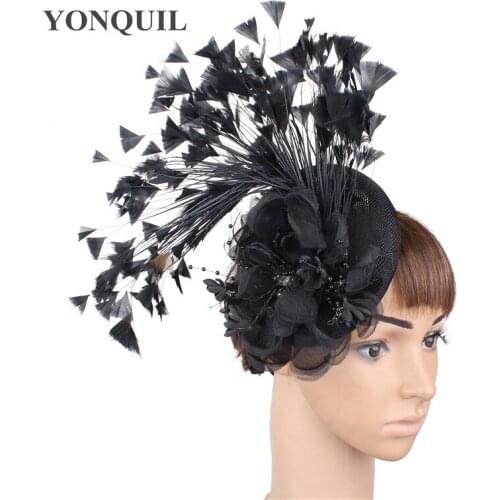 Elegant Women Bridal Wedding Black Hat Flower Fascinator Formal Marriage Bride Feather Chapeau Cap Vintage Hair Accessories