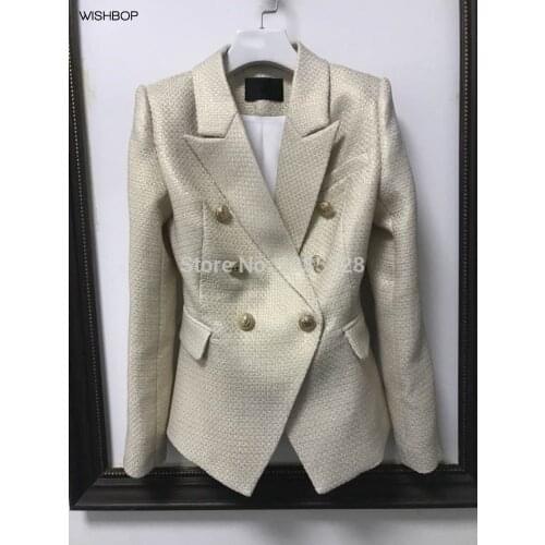 ElfStyle Luxury Runway Ladies Fashion Gold Tweeded Blazer Lapel Collar Front Button-up Flap Pockets Long Sleeves TOP QUALITY