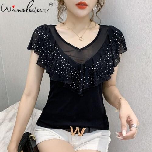 Summer Korean Style T-shirt Sexy Fashion Shiny V-Neck Mesh Patchwork Diamonds Women Tops Ruffles Casual Tees New 2021 T13416A