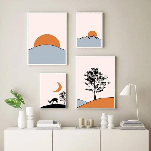 Minimalist Pattern Abstract Poster Boho Nature Sunset Mountains Tree Wall Art Print Canvas Painting Interior Home Decoration