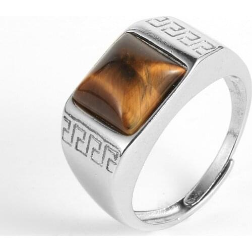 Men 10mm Natural Gem Stone Square Tiger Eye Finger Ring Silver-Plate Open Joint Rings Vintage Male Jewelry