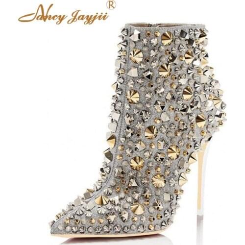 Genuine Leather Women Ankle Boots Female Ladies Shoes Black Silver Rivets Luxury Fashion Rich Super High Thin Heel 120mm Brand