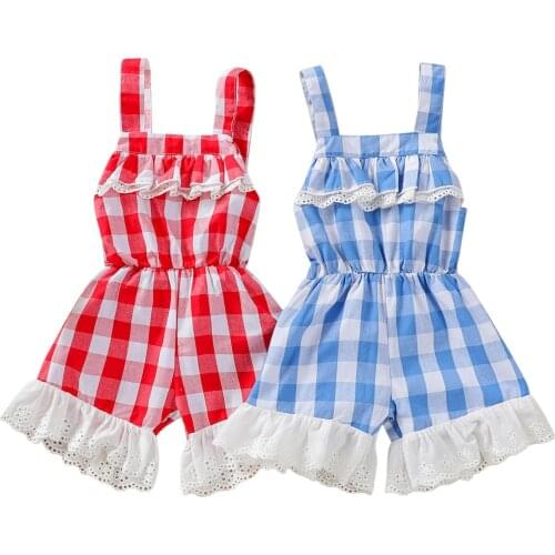 New Baby Plaid Print Short Romper with Lace Hem, Girls Sleeveless Square Collar Elastic Waist Sling Jumpsuit