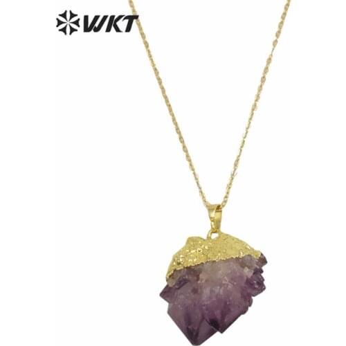 WT-N406 Wholesale natural raw druzy crystal stalactite point necklace Gorgeous gold trim natural stone crystal necklace
