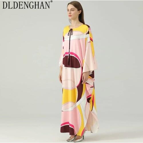DLDENGHAN Geometric Print Bohemian Dress For Women O-Neck Lace Up Tassel Batwing Sleeve Loose Waist Maxi Dresses Summer New