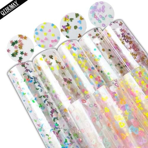 QIBU 22*30cm Transparent PVC Leather Sheets Star Heart Decorate Bow Fabric Jelly Glitter Crafts For Bags DIY Synthetic Leather