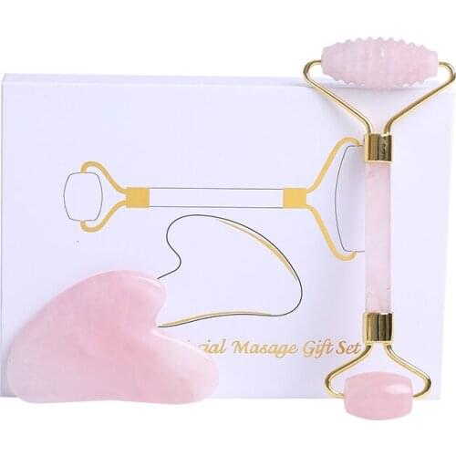 Rose Quartz Sawtooth Roller Gouache Scraper Jade Roller Face Lift Guasha Massage Tool Set Facial Massager Body Relax Withbox