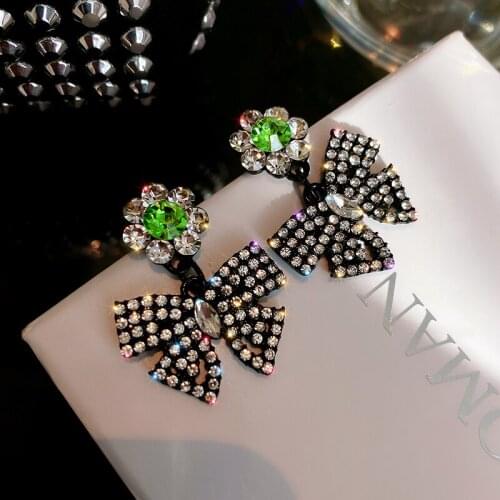 Black bow earrings with white and green rhinestones, fashionable and simple ladies accessories retro trend fashion stud earrings