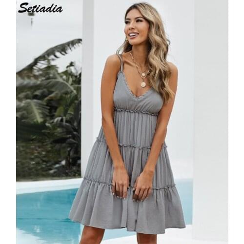Setiadia Summer woman sexy party Dress Vintage Solid color midi Dresses black Backless Clothes For Fashion Womans Clothing 2021