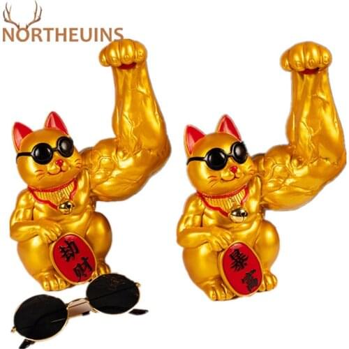 NORTHEUINS Resin Muscle Arm Lucky Cat Figurines Creative Big Arm Animal Statue Home Table Decor Feng Shui Ornament For Interior