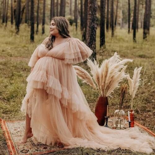 Light Champagne Tulle Maternity Dresses Off The Shoulde Plus Size Maternity Robes Pregnancy Dress Photo Shoot Tulle Dresses