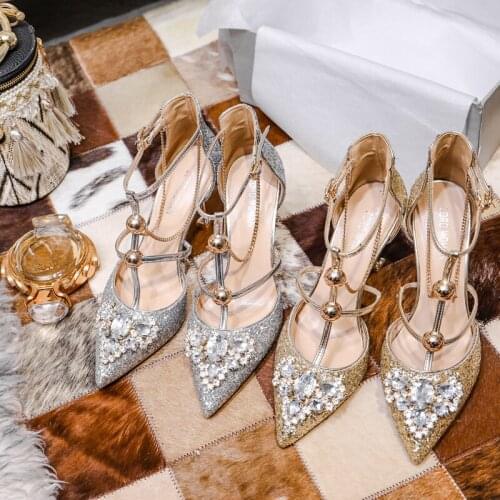 Gold Wedding Shoes Women New Sequin Crystal Pointed High Heeled Sandals Buckle Thin Heel Silver T-strap Womens Pumps Sandalias
