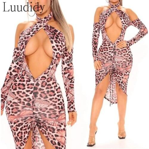 Women Halter Print Long Sleeve Shirring Asymmetrical Dress