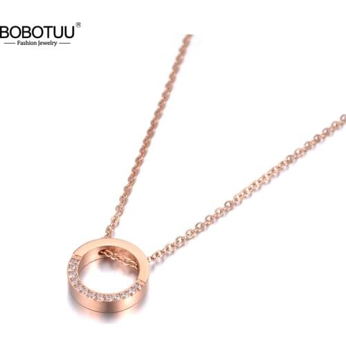 BOBOTUU Trendy Office Chain Jewelry Circle Pendant AAA Rhinestones Rose Gold Choker Necklace For Women Chirstmas Gift BN19042