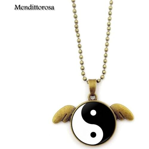 Mendittorosa YinYang Taichi Ladies Bronze Plated Glass Necklace Women Statement Handmade Maxi Angel Wings Necklace For Girls