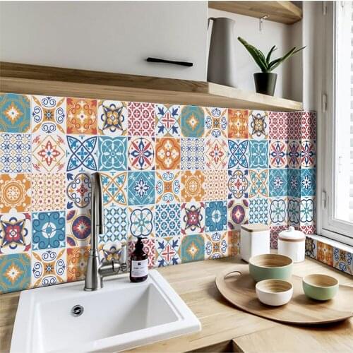 20x20cm Creative Tile Waterproof Sticker 24pcs Home Decor Kitchen Wall Sticker DIY Wallpaper Retro Pattern Floor Tiles Stickers