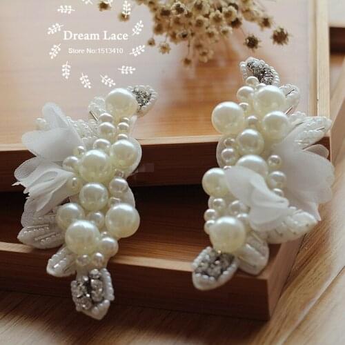 2 pcs Pearl Beaded Applique Chiffon Leaves Corsage Collar Patch For Wedding Dress Shoulder Flowers Applique