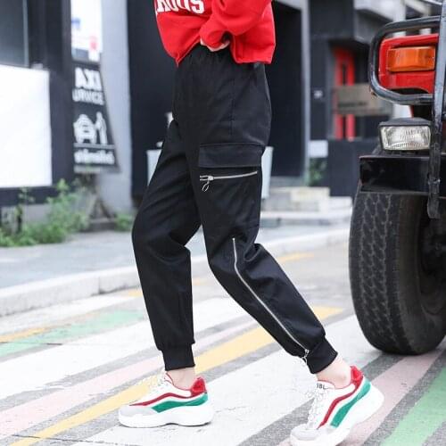 2020 Cargo Pants With Zip Womens Spring Plus Size Harem Pants High Waist Solid Black Ribbon Trousers Hip Pop P9297