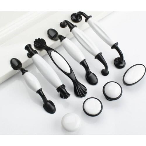 Black White Ceramic Door Handles Country Style Drawer Pulls Knob For Kitchen Cabinet Handles and Knobs Furniture Handles